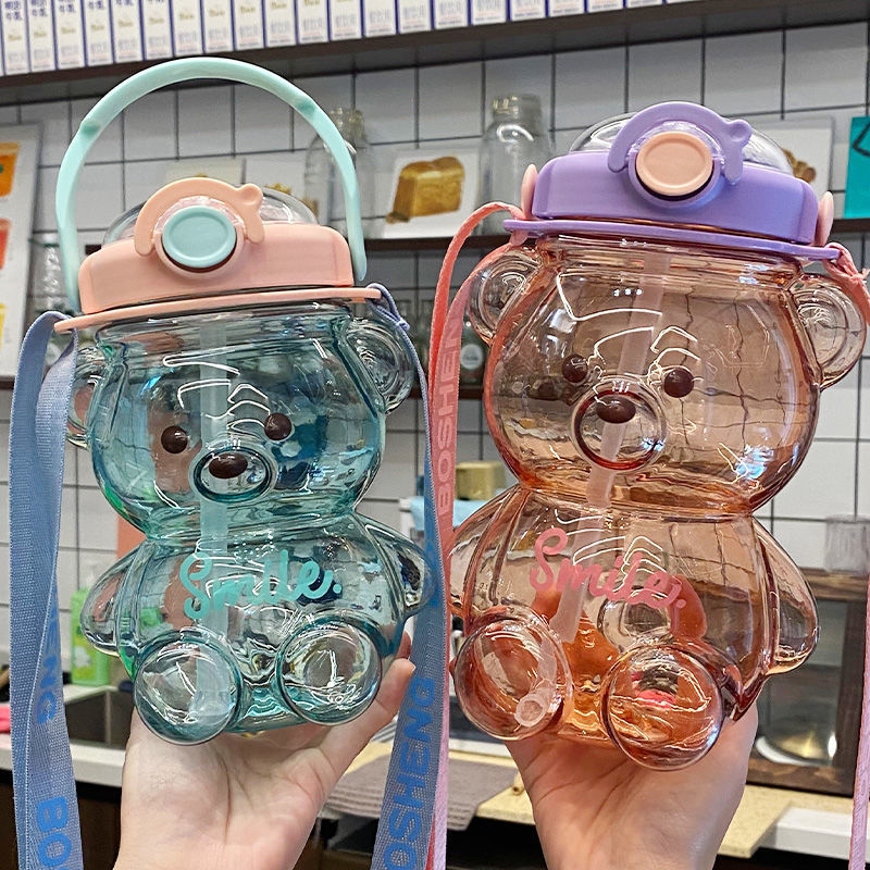 Little Bear water cup for girls, summer large-capacity straw plastic cup, high appearance level water bottle, portable and cute children's water bottle details Picture