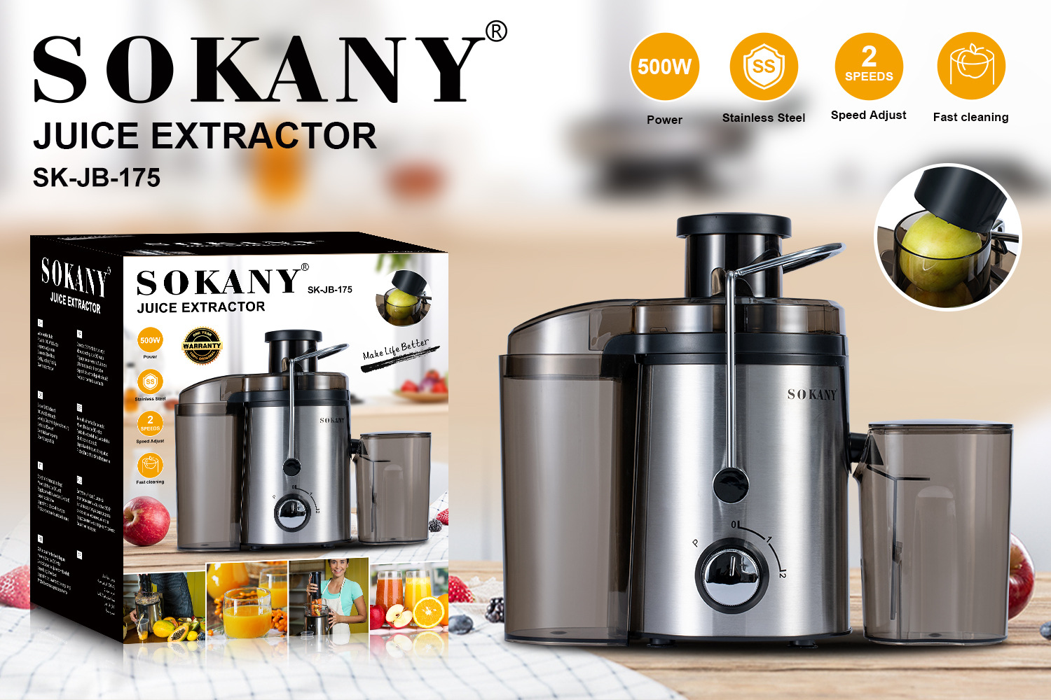 SOKANY Cross-border SK-JB-175 household multi-functional electric juicer Stainless steel fruit and vegetable juicer Application Scenario
