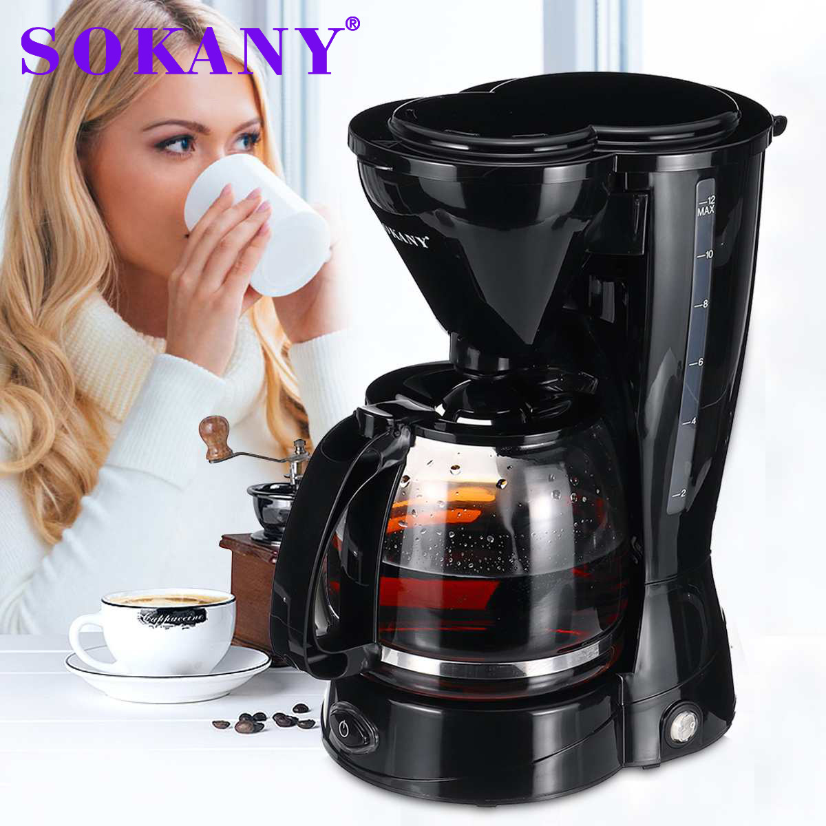 The cross-border SOKANY123A mini coffee machine is a small household automatic drip coffee maker for making coffee and tea