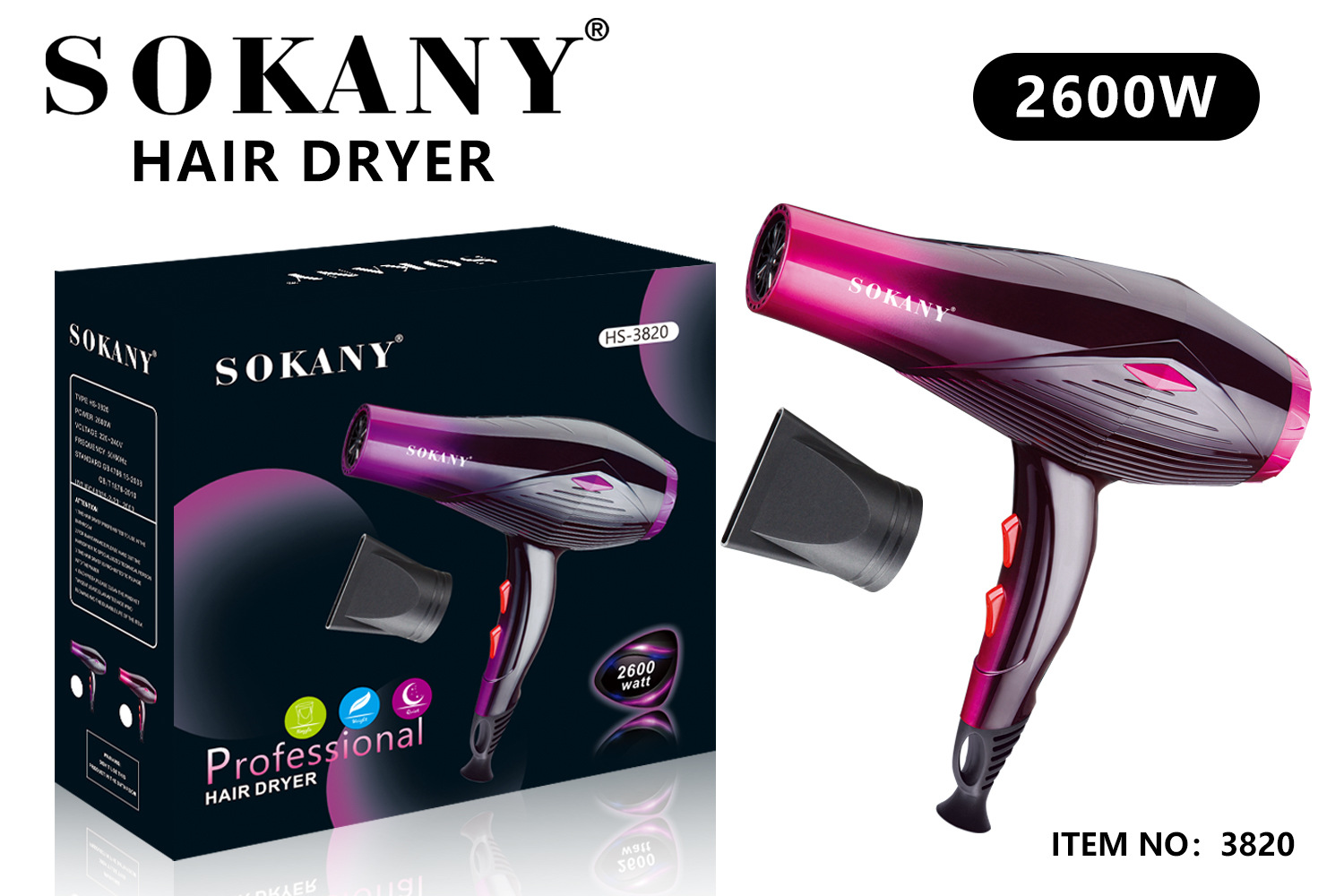 Cross-border SOKANY3820 hair dryer, high-power household, Amazon AliExpress for European trade, one-piece consignment Specification image