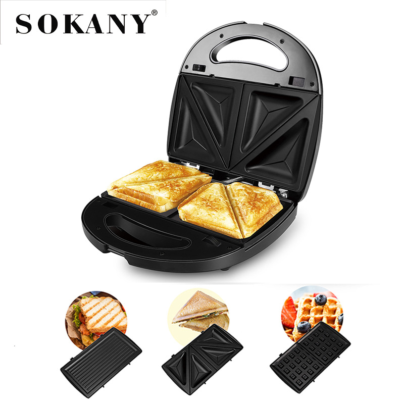 SOKANY three-in-one household plate changing sandwich maker, toaster, stainless steel multi-functional sandwich breakfast machine