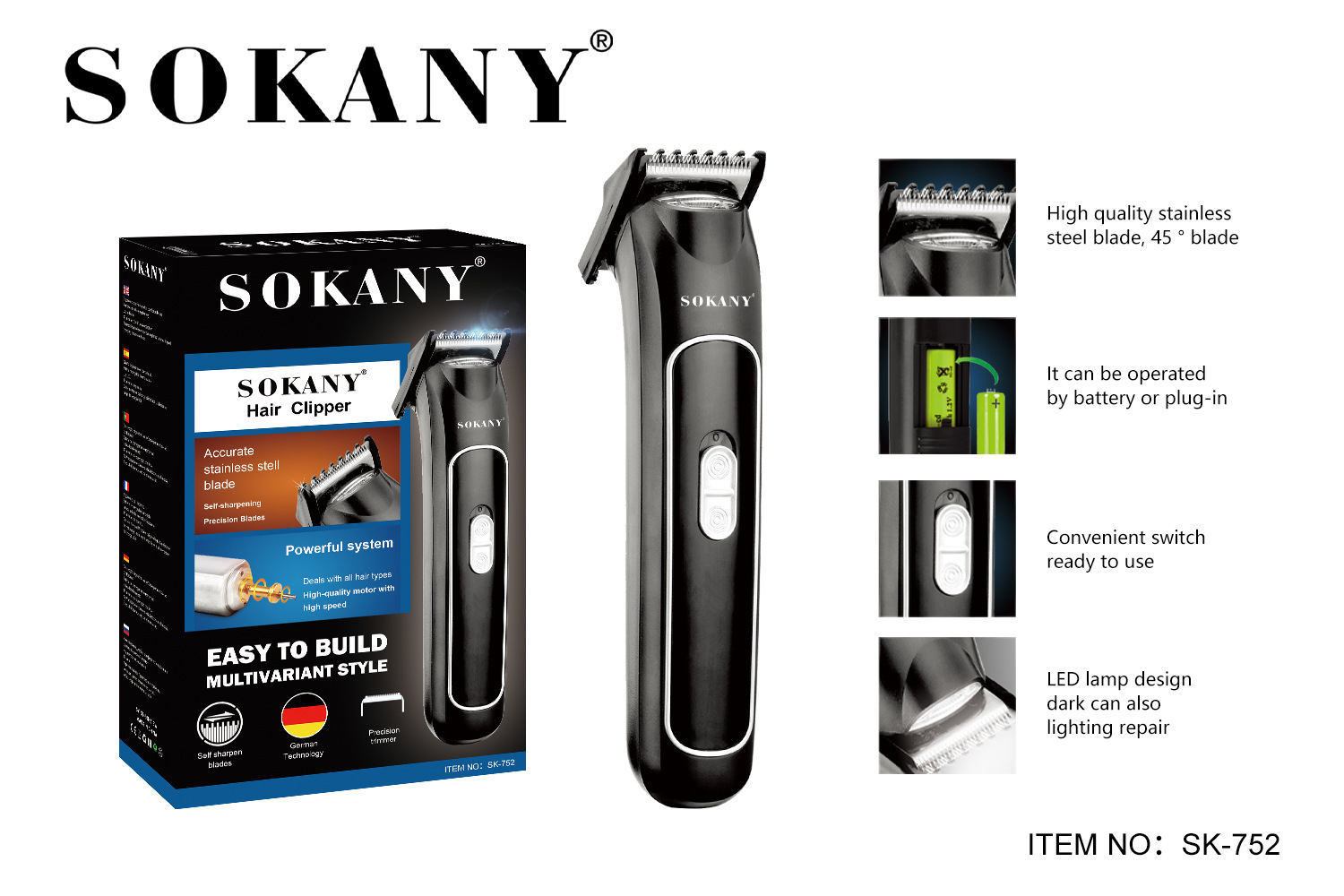 حلاقة شعر المسنين بشفرات حلاقة كهربائية بشريط من الفولاذ غير القابل للصدأ عبر الحدود Sokany752 Specification image