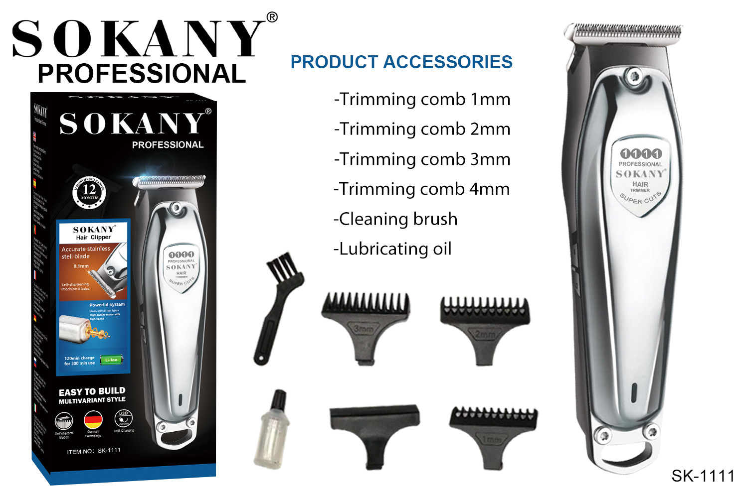 Cross-border SOKANY 1111 Hair clippers, stainless steel blades, metal electric hair clippers, Amazon AliExpress