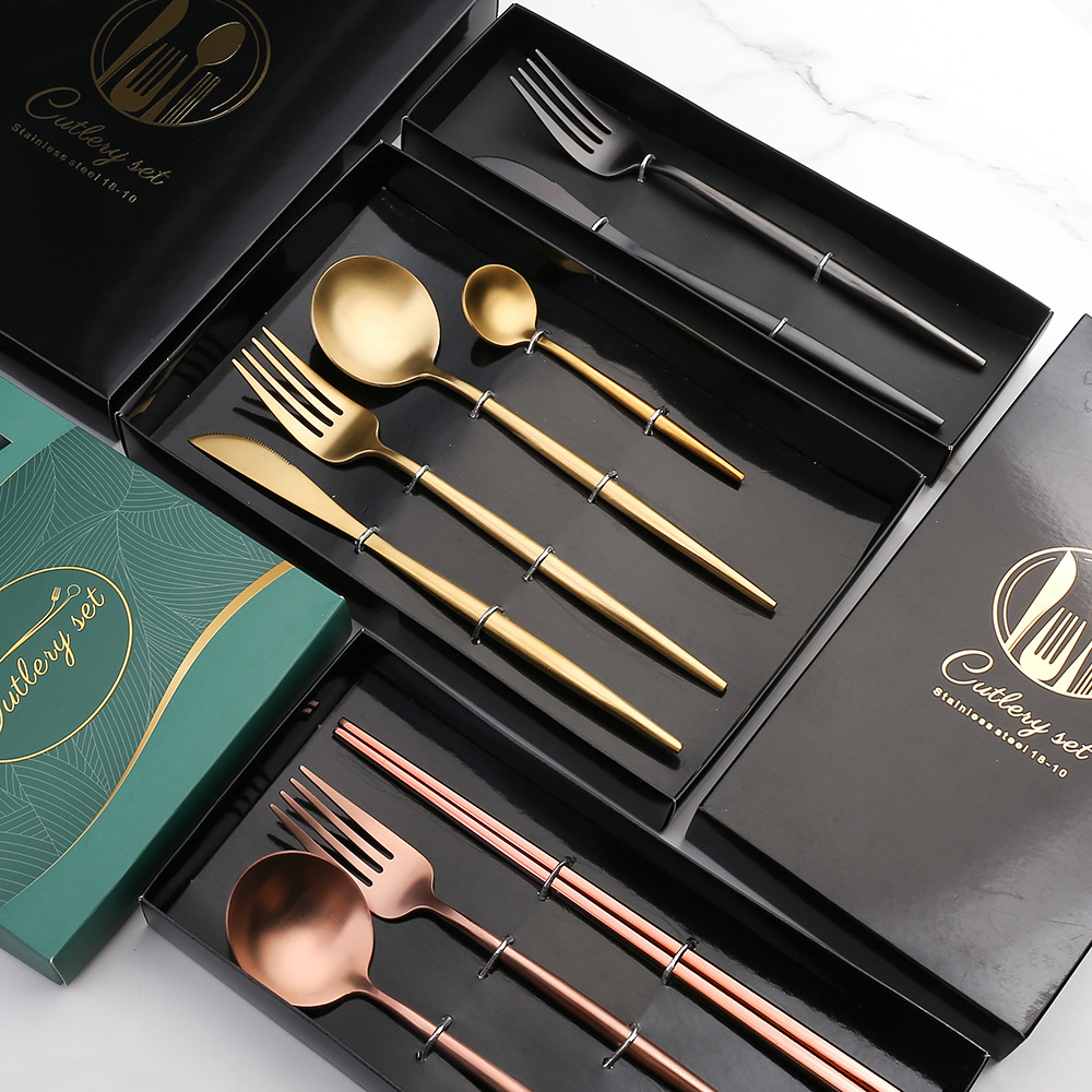 A Amazon 304 stainless steel Western steak knife, fork and spoon gift box set, hotel matte gold Portuguese tableware details Picture