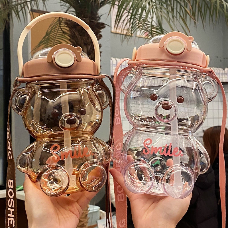 Little Bear water cup for girls, summer large-capacity straw plastic cup, high appearance level water bottle, portable and cute children's water bottle full figure
