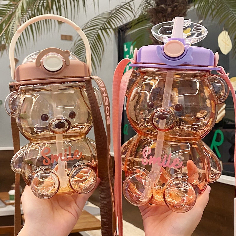 Little Bear water cup for girls, summer large-capacity straw plastic cup, high appearance level water bottle, portable and cute children's water bottle Specification drawing