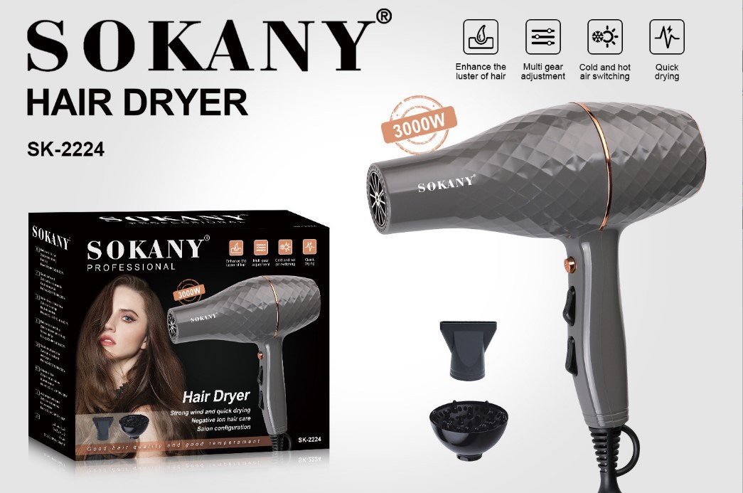 SOKANY2224 Hair dryer, 3000W high-power hair dryer, household quick-drying hair dryer for hair salons, negative ion cold and hot air Application Scenario