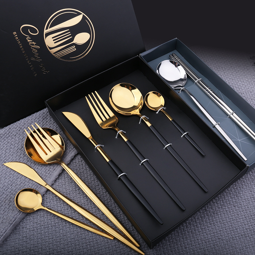 Stainless steel knife, fork and spoon four-piece set, golden Western steak knife and fork gift tableware, Portuguese tableware set, knife, fork and spoon set gift box, Western food set, steak knife, spoon and fork, dessert spoon Specification image