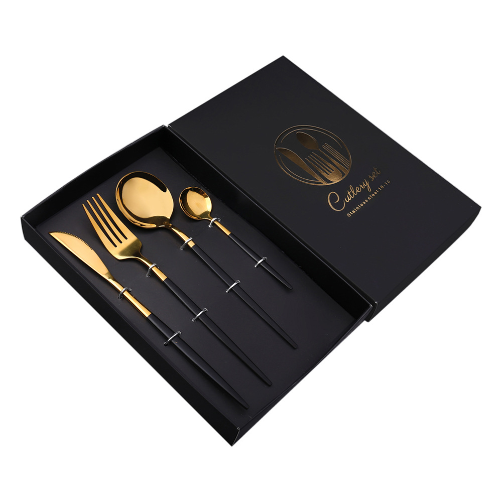 Stainless steel knife, fork and spoon four-piece set, golden Western steak knife and fork gift tableware, Portuguese tableware set, knife, fork and spoon set gift box, Western food set, steak knife, spoon and fork, dessert spoon Item Picture