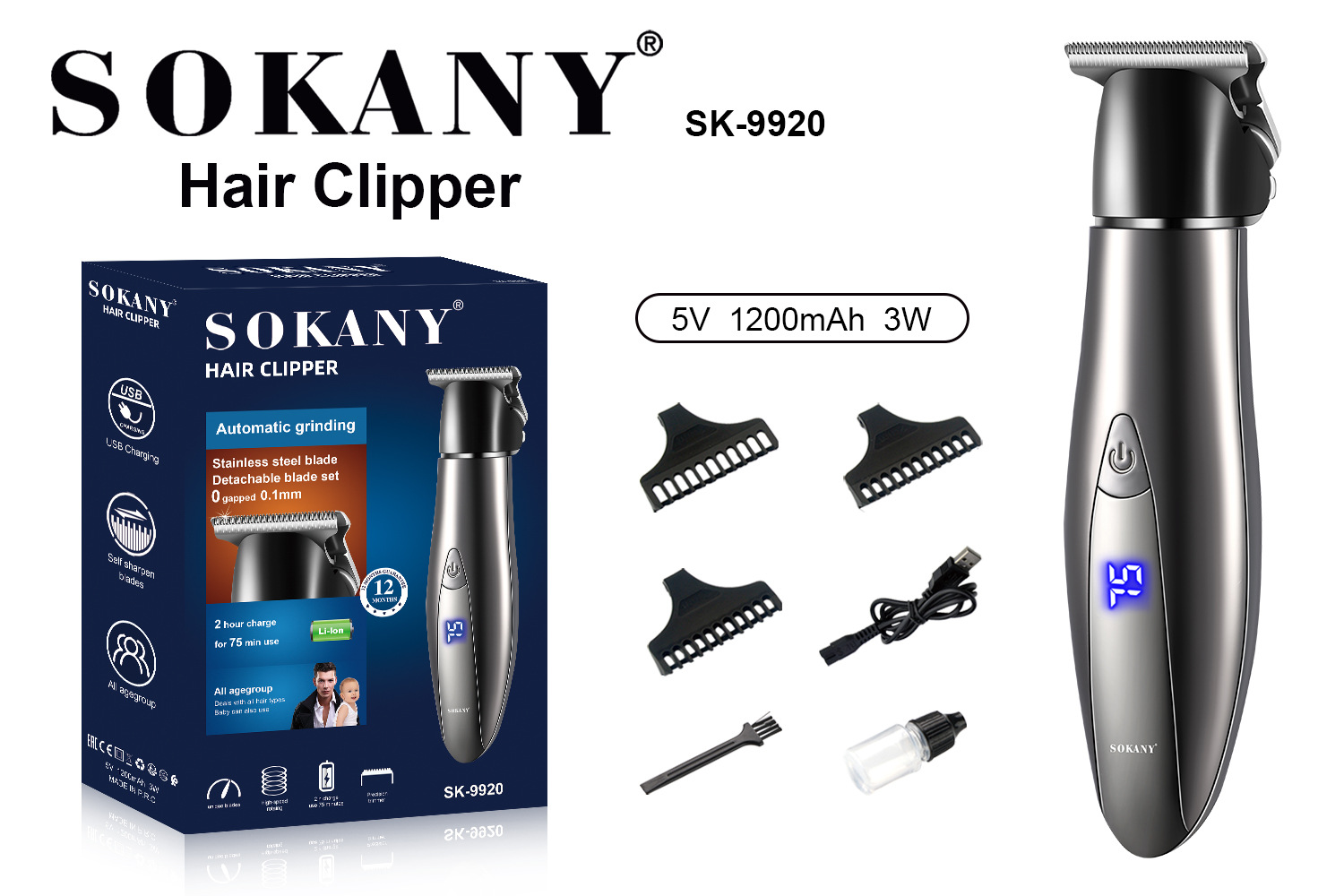 sokany9920 cortador de pelo eléctrico pusher eléctrico pusher doméstico recargable adulto niños cuchilla de afeitar