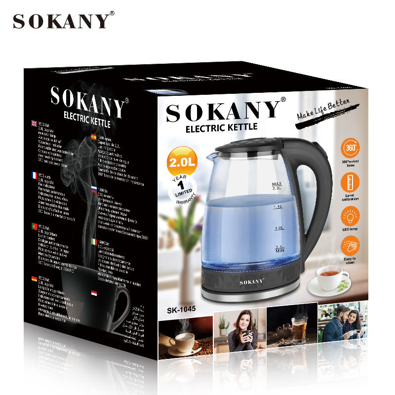Cross-border SOKANY1045 kettle, electric water heating, LED blue light, automatic power-off, 2L glass, household and export Application Scenario