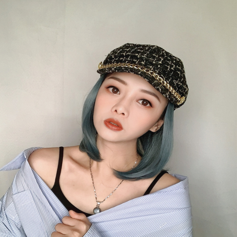Perfume wig hat One piece Short straight hair fashion octagonal hat Beret BOBO head perfume detachable