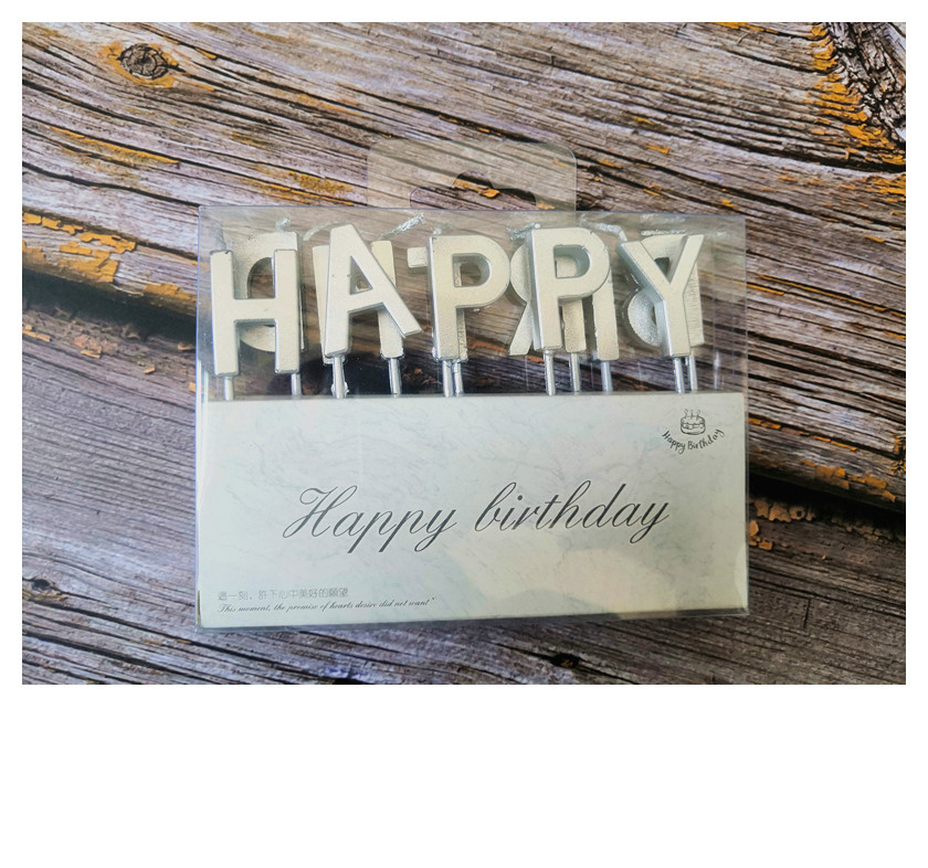 The manufacturer is selling the birthday candles "HAPPY BIRTDAY" with gold plating and metal color Specification image