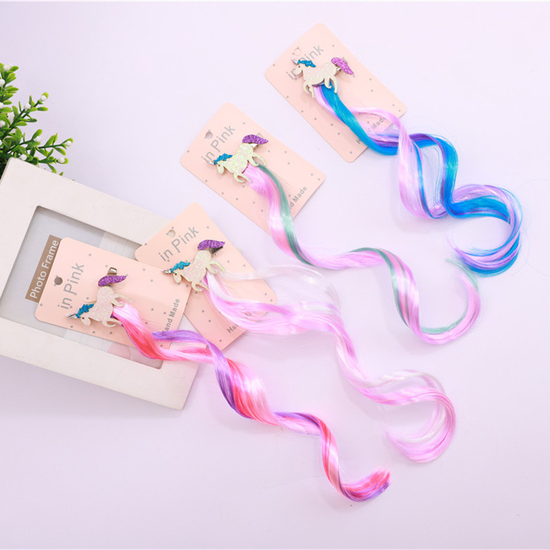 Kids color gradient wig Hairpin Baby girl cute unicorn sequin bow pigtail Pony wig