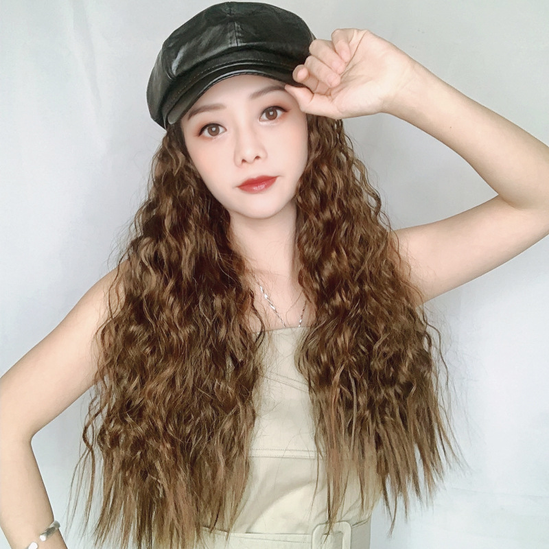 Wig PU leather cap detachable spring and summer style duck tongue wool roll wig female long roll red natural female long corn hot