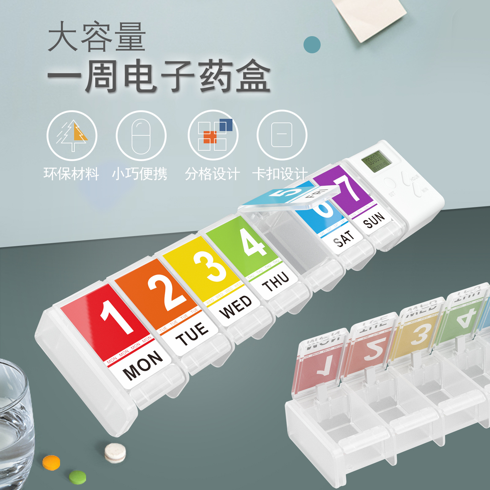按键7格塑料药盒一周7天收纳UV彩印便携旅行分格分装小电子药盒子