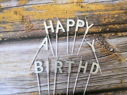 The manufacturer is selling the birthday candles "HAPPY BIRTDAY" with gold plating and metal color Item Picture