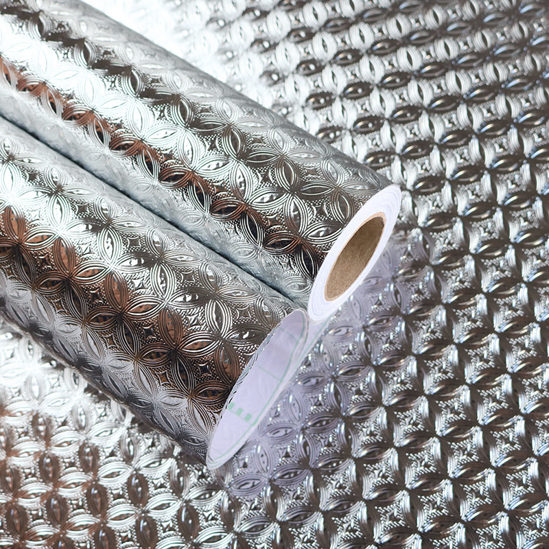 银色铜钱纹厨房贴纸耐高温橱柜防水防油防潮银色墙纸加厚自粘墙纸