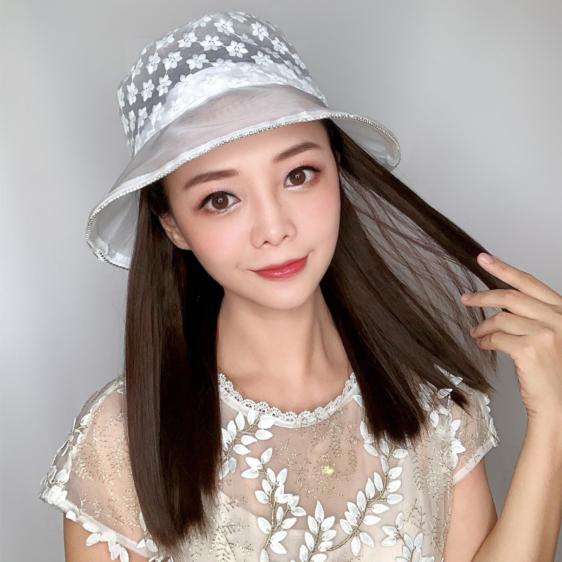 Summer new hat one wig fragrance pearl lace fisherman hat wig hat detachable long straight hair woman