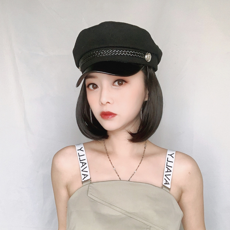 British hair detachable wig navy cap cap women's fashion spring/summer inner button Bob short straight hair natural