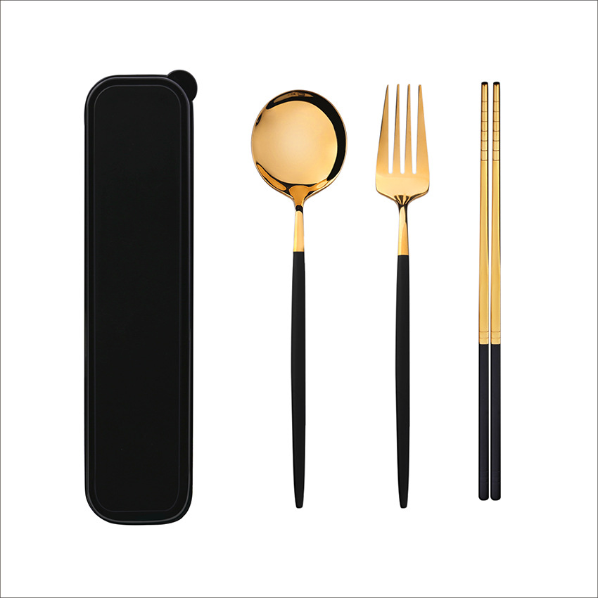A set of stainless steel gold-plated Portuguese spoons, forks and chopsticks for student and adult outdoor portable tableware as a gift Item Picture