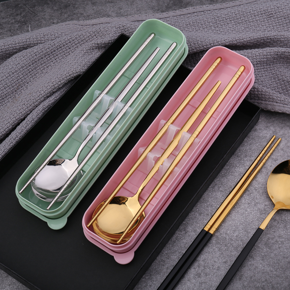 A set of stainless steel gold-plated Portuguese spoons, forks and chopsticks for student and adult outdoor portable tableware as a gift details Picture