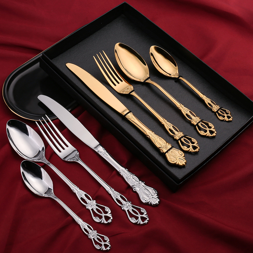 A European Retro Relief Imperial Tableware set, 304 stainless steel steak knife and fork, hotel Western cuisine knife, fork and spoon Specification image