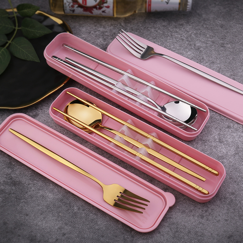 A set of stainless steel gold-plated Portuguese spoons, forks and chopsticks for student and adult outdoor portable tableware as a gift Application Scenario