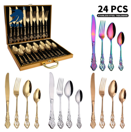 A Retro relief Western steak knife, fork and spoon 6-person set of tableware, Amazon stainless steel Tableware 24-piece set