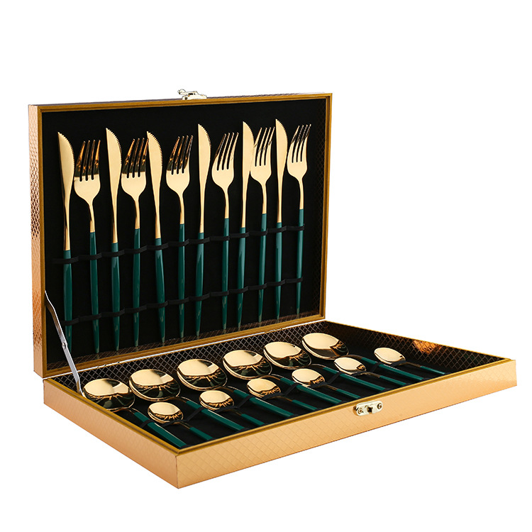 A stainless steel Western-style knife, fork and spoon set, ins steak knife and fork, Portuguese tableware, wooden box set, gift tableware Item Picture