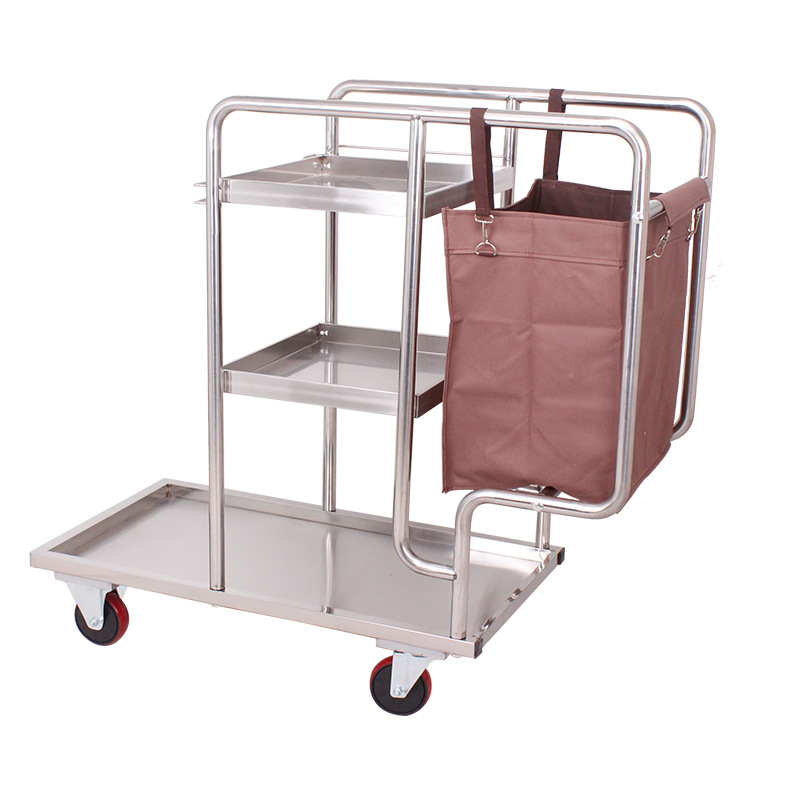 Multi-functional stainless steel cleaning cart for hotels and guesthouses, property cleaning cart, cleaning work trolley, floor silent wheel, suitable for hotels, restaurants, residential areas and guesthouses, not easy to deform, anti-corrosion Application Scenario