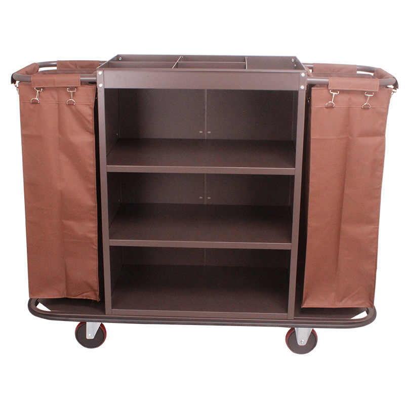 Linen cart, hotel, guesthouse, lacquered guest room entrance, bilateral floor cleaning work, collection and sweeping, hand-pushed service cart, thickened material, hotel, restaurant, club, convenience service cart, stable, durable, light and flexible Application Scenario