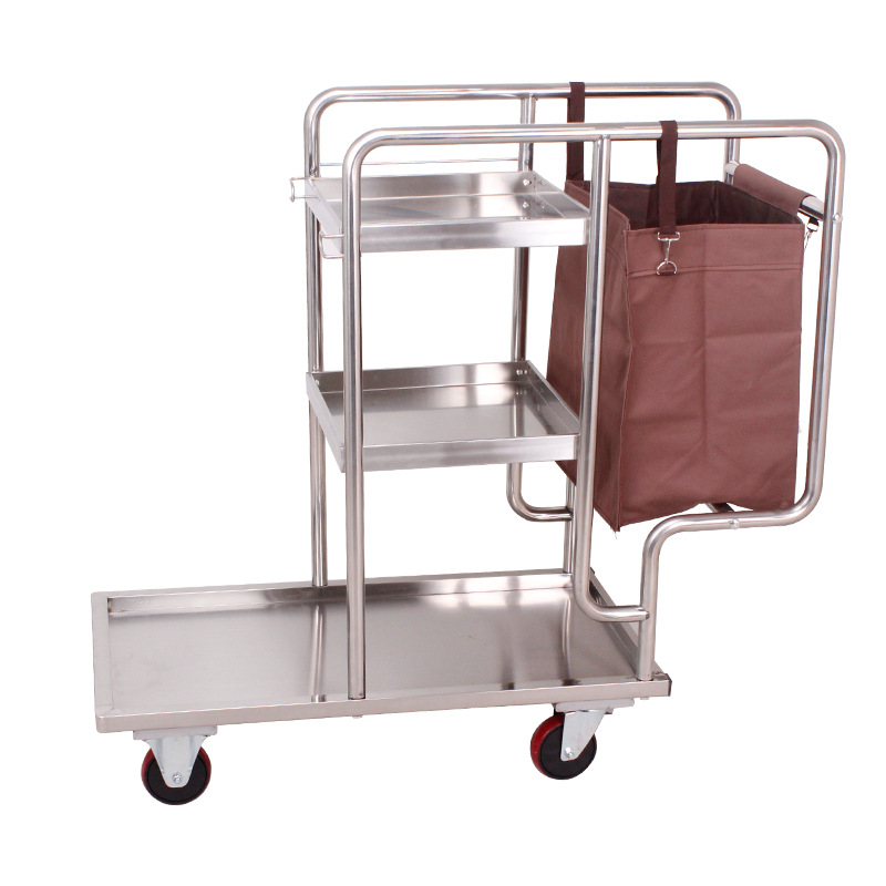 Multi-functional stainless steel cleaning cart for hotels and guesthouses, property cleaning cart, cleaning work trolley, floor silent wheel, suitable for hotels, restaurants, residential areas and guesthouses, not easy to deform, anti-corrosion Item Picture