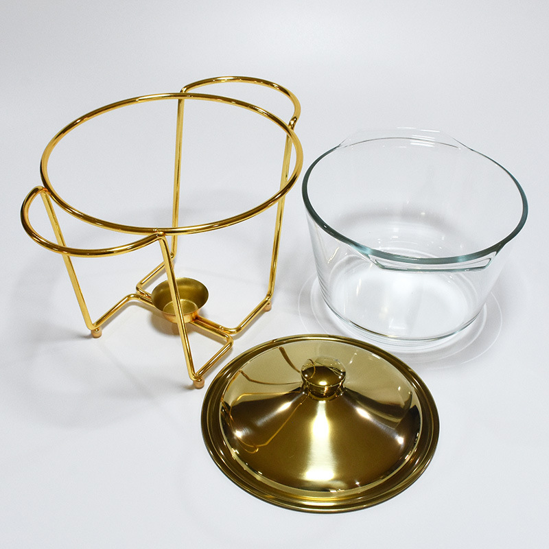 Large Capacity Glass Buffet Stove 4.0L Food Heating Container Restaurant Small Hot Pot Alcohol Stove Stainless Steel Glass Interior Gold Plated Hotel Buffet Stove Stainless Steel Alcohol Stove Hotel Supplies Application Scenario