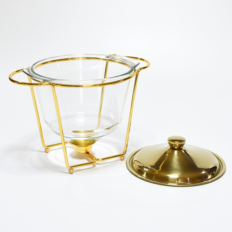 Large Capacity Glass Buffet Stove 4.0L Food Heating Container Restaurant Small Hot Pot Alcohol Stove Stainless Steel Glass Interior Gold Plated Hotel Buffet Stove Stainless Steel Alcohol Stove Hotel Supplies Specification drawing