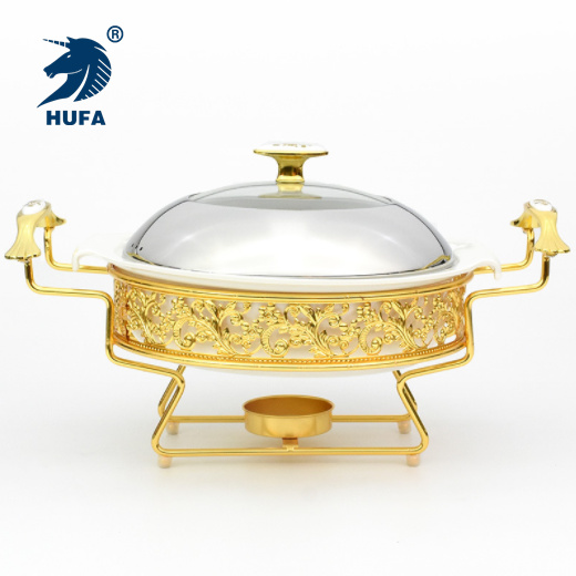 وعاء تدفئة الطعام في مطاعم الكافيتريا الخزفية الدائرية عبر الحدود على طاولة المائدة في وعاء الطهي في المقلاة التي تحتوي على مقلاة ساخنة من المقلاة، وفن المقلاة الذي لا يصدأ من فولاذ لا يصدأ
