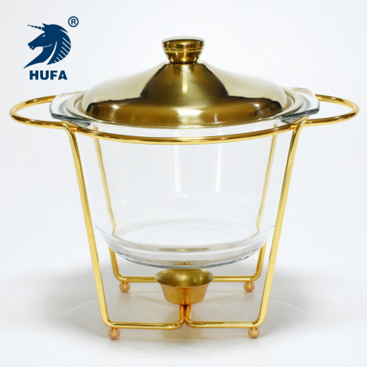 Large Capacity Glass Buffet Stove 4.0L Food Heating Container Restaurant Small Hot Pot Alcohol Stove Stainless Steel Glass Interior Gold Plated Hotel Buffet Stove Stainless Steel Alcohol Stove Hotel Supplies
