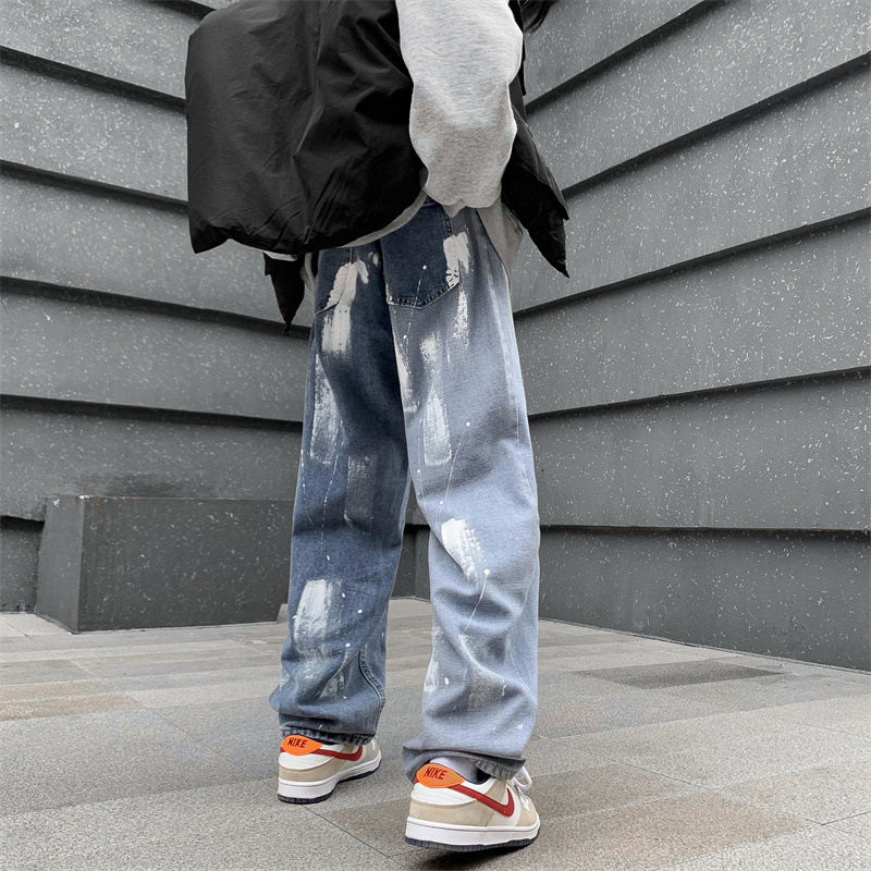Men's straight-leg loose jeans 2021 autumn and winter new trendy men's casual trousers, 9-inch wide-leg pants for men Specification image