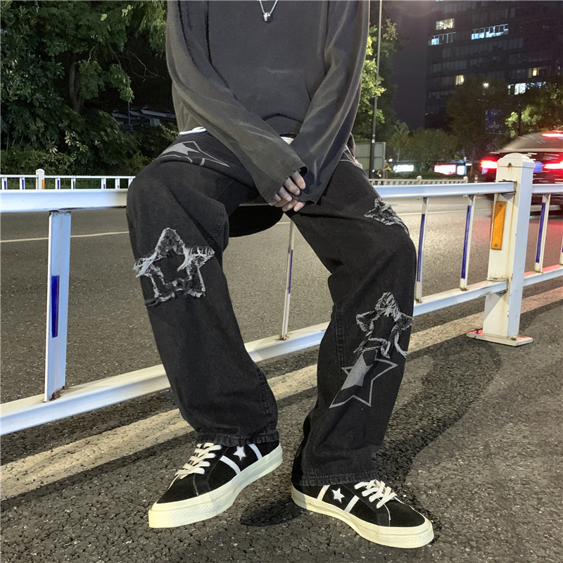 American retro jeans, men's oversized pants, high street ins trendy brand vibe, European and American streetwear long pants for autumn