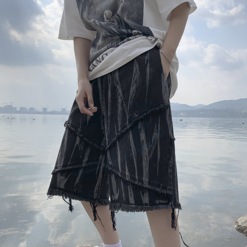 Dark wind High Street trend brand five fen pants made old fur edge tie-dyed beggar pants handsome loose loose wide leg shorts men thumbnail