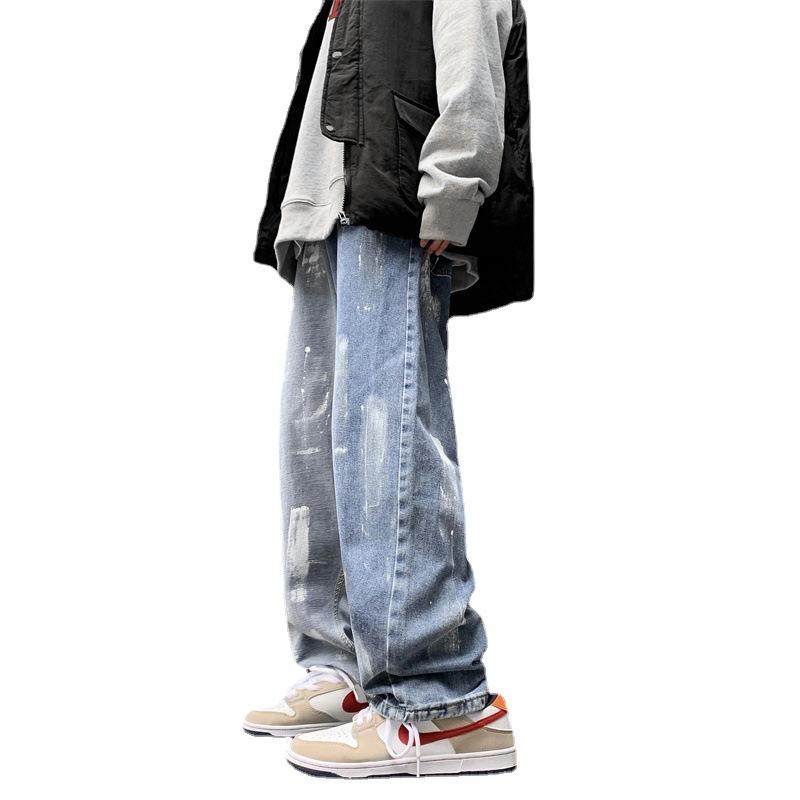 Men's straight-leg loose jeans 2021 autumn and winter new trendy men's casual trousers, 9-inch wide-leg pants for men Item Picture