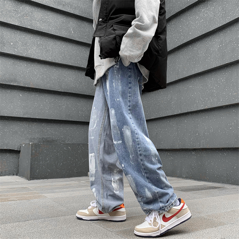 Men's straight-leg loose jeans 2021 autumn and winter new trendy men's casual trousers, 9-inch wide-leg pants for men details Picture