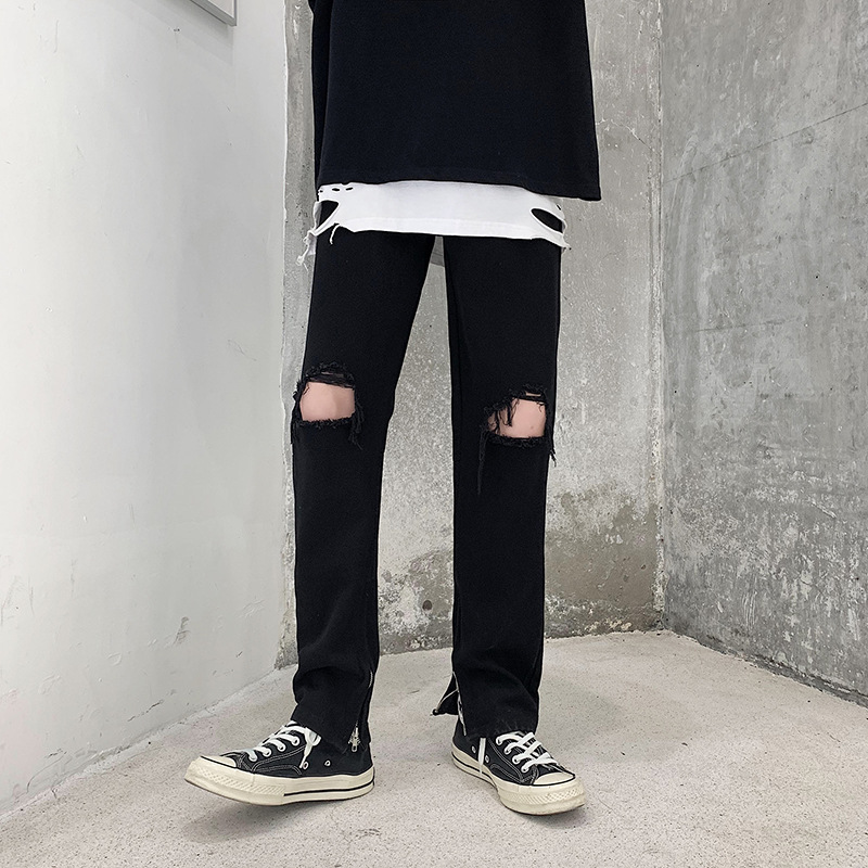 FOG High Street streetwear hip-hop jeans for men's summer, thin Korean-style trendy black ripped beggar pants details Picture