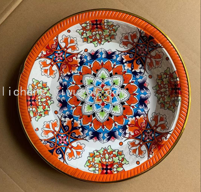 35823新款塑料盘子瓜果盘金边收纳盘果盘印花盘