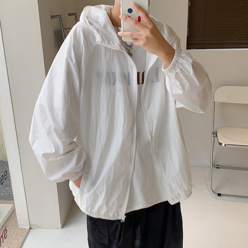 Summer men's and women's ultra-thin breathable solid-color sun-protective clothing, loose quick-drying hooded jackets, Hong Kong-style sport jackets are trendy
