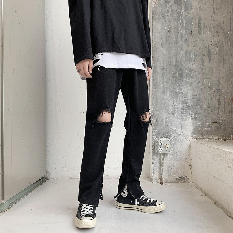 FOG High Street streetwear hip-hop jeans for men's summer, thin Korean-style trendy black ripped beggar pants Item Picture