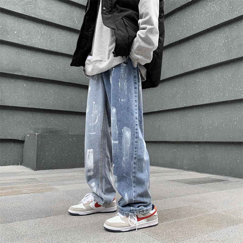 Men's straight-leg loose jeans 2021 autumn and winter new trendy men's casual trousers, 9-inch wide-leg pants for men