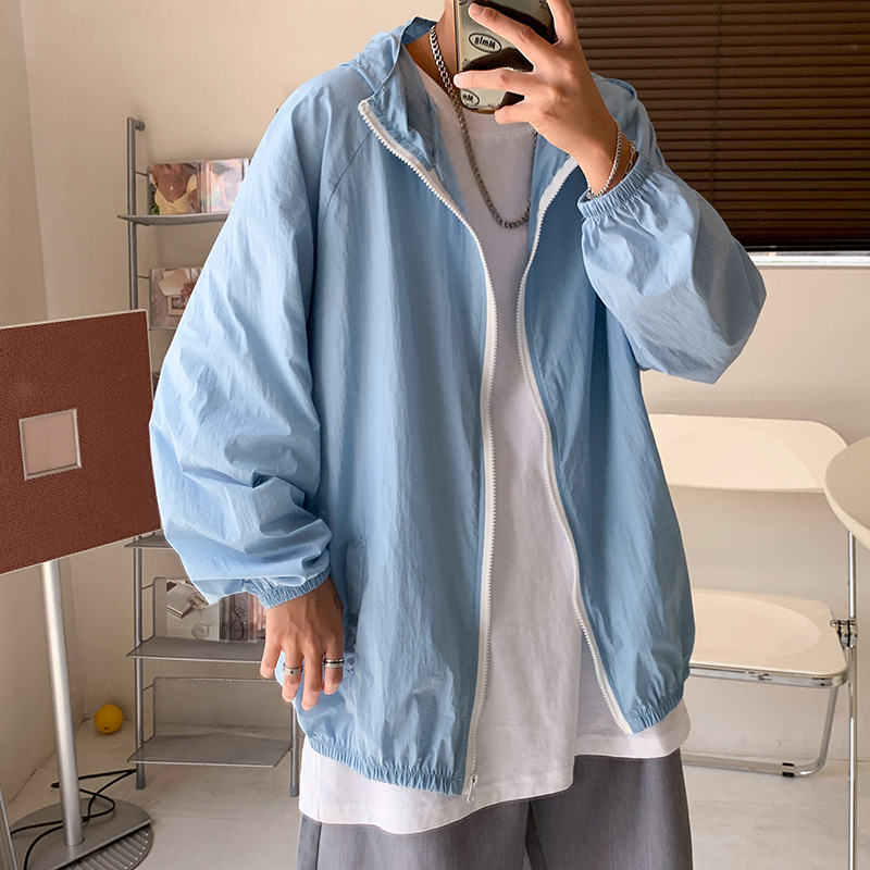 Summer men's and women's ultra-thin breathable solid-color sun-protective clothing, loose quick-drying hooded jackets, Hong Kong-style sport jackets are trendy details Picture