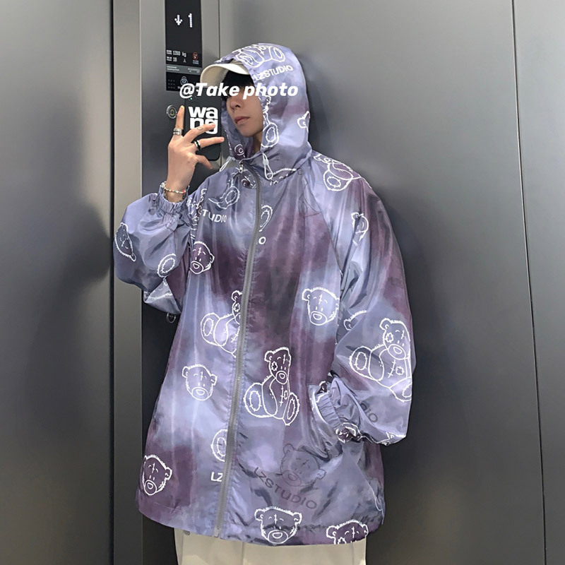 Sun protection jacket Bear print men's jacket summer ultra thin breathable Korean version of the trendy versatile loose tie dye jacket