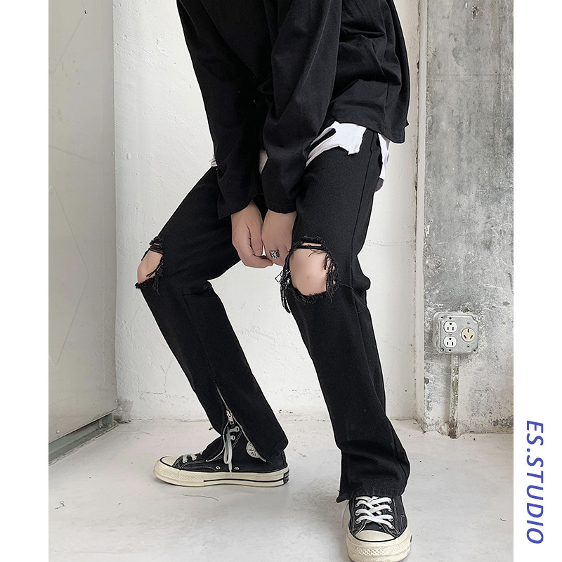 FOG High Street Hip Hop Jeans Men's Fashion Summer thin Korean Fashion Black ripped beggar pants